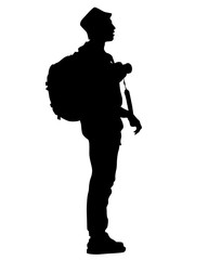 Tourist in hiking clothes with large backpack on white background
