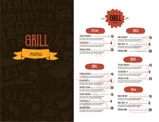 Vintage grill menu design. Grill poster with doodle background. Steak flyer