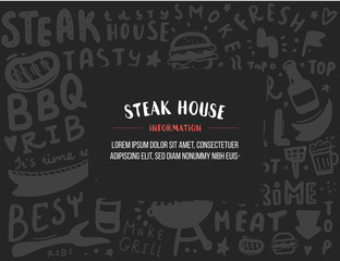 BBQ Doodle banner. Modern sketch. Blackboard Food menu. Raw pork meat. Barbecue wallpaper