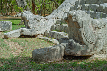 Entrance stairs of a Mayan pyramid, depicting two stone snakes on the sides, in the archaeological...