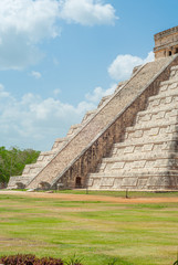 Entrance scale of the Mayan Pyramid of Kukulkan, known as El Castillo, classified as Structure 5B18, taken in the archaeological area of Chichen Itza, in the Yucatan peninsula