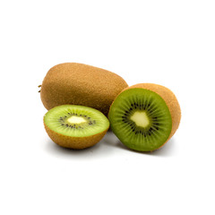 Ripe whole kiwi fruit and half kiwi fruit isolated on the white background.