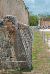 Naklejka premium Wall with ring of the field of the game of the Pelota, in the archaeological area of Chichen Itza, in the Yucatan peninsula