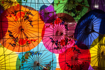 colorful hand made umbrellas in the market of Bo Sang village, Sankamphaeng, Chiang Mai, Thailand