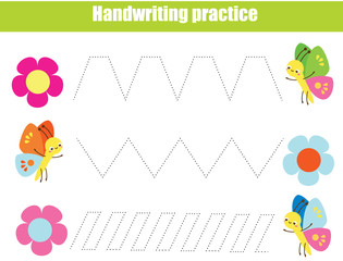 Handwriting practice sheet. Educational children game. Tracing lines with funny insects. early education worksheet for kids