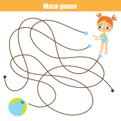 Maze game for children. Help girl find ball. Summer holidays theme activity for kids
