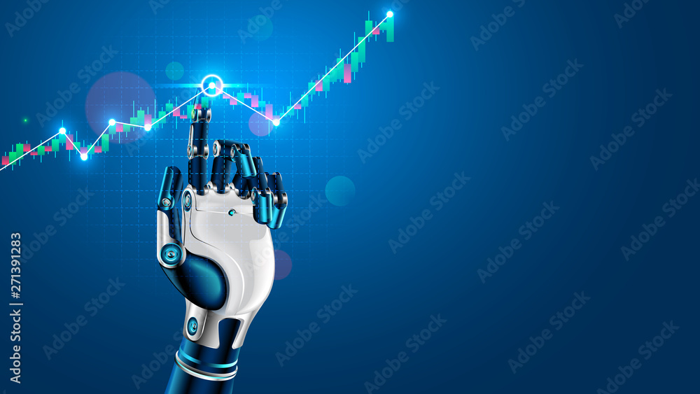 Poster Robot or cyborg hand taps finger on chart of trading data of forex stock exchange. App or software with artificial intelligence analysis business financial information on trade market. Tech Concept.