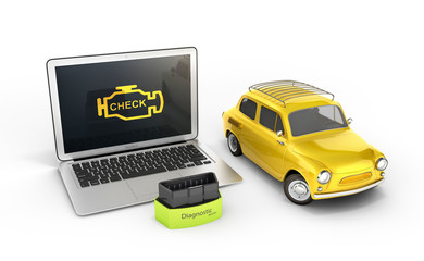 Car diagnostic concept Close up of laptop with OBD2 wireless scanner and retro car on white background 3d illustration