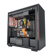 Fototapeta premium Open computer with red lighting effects and water cooled cooling system on white background 3d render without shadow