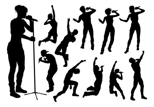 A set of singers pop, country music, rock stars and hiphop rapper artist vocalists in high quality detailed silhouette