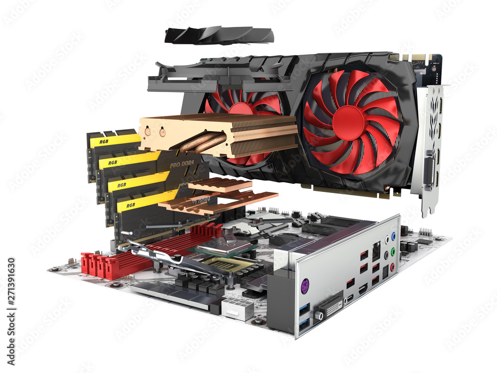 Fototapete motherboard complete with ram and video card in disassembled form isolated on white background 3d re