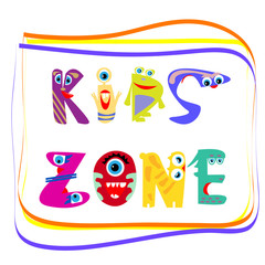 Kids Zone. Hand writing slogan. Print for children's t-shirts. Hand-drawn design for children's products, cards .Vector. Monsters.
