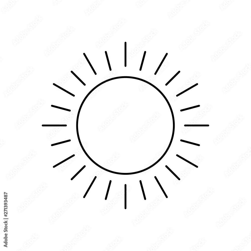 Poster abstract black sun thin line icon with rays isolated on white background