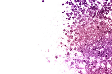 Purple glitter and glittering stars on white background in vintage colors