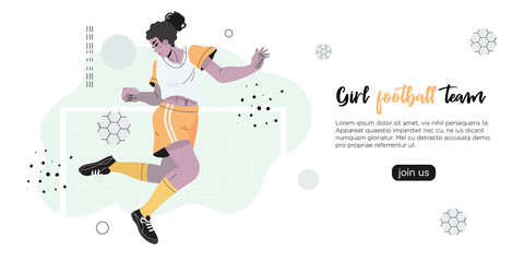 Vector illustration of a girl in a professional uniform playing football or soccer. Creative banner, poster, flyer or landing page for a women soccer, football club, game or friendly match. 