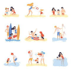 Parents and Their Children Playing, Swimming and Having Fun on Beach, Happy Family Enjoying Summer Vacation on Seashore