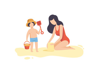 Mom and Her Son Playing on Sandy Beach, Happy Family Enjoying Summer Vacation on Seashore Vector Illustration