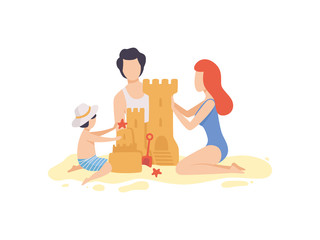 Mom, Dad and Son Building Sandcastle, Happy Family Enjoying Summer Vacation on Seashore Vector Illustration