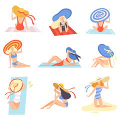 Girls in Swimsuits and Hats Sunbathing on Beach Set, Beautiful Young Woman Enjoying Summer Vacation on Seashore Vector Illustration