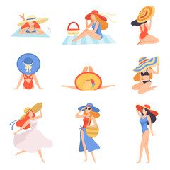 Girls in Swimwear and Hats Sunbathing on Beach, Back View, Beautiful Young Woman Enjoying Summer Vacation on Seashore Vector Illustration