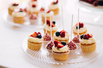 Beautiful cake covered with icing cream, summer berries on the top. Style and food photography