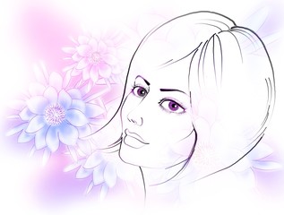 color sketch of a portrait of a beautiful girl on a floral background
