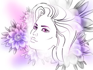 color sketch of a portrait of a beautiful girl on a floral background