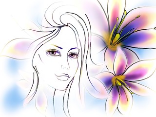 color sketch of a portrait of a beautiful girl on a floral background