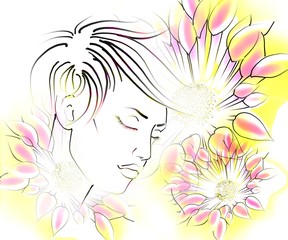 color sketch of a portrait of a beautiful girl on a floral background