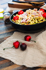 cereal specialties cooked with salad, roasted chicken aiguillette cured with salted and bacon