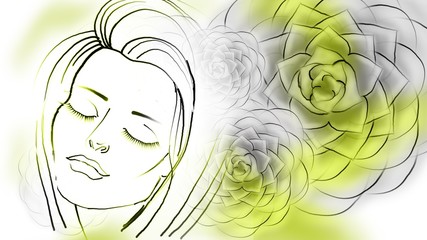 color sketch of a portrait of a beautiful girl on a floral background