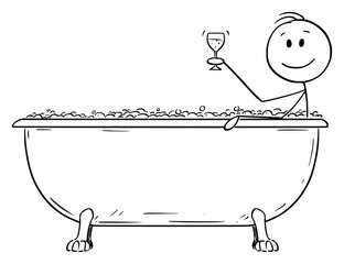 Vector cartoon stick figure drawing conceptual illustration of man relaxing in batch tub with glass of wine in hand.