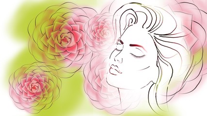 color sketch of a portrait of a beautiful girl on a floral background