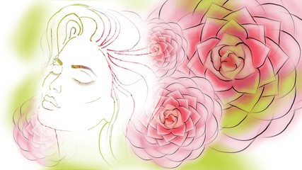 color sketch of a portrait of a beautiful girl on a floral background