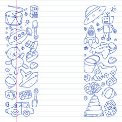 Vector pattern with kindergarten, toy children. Happy children illustration. pen drawing on notebooks in a ruler.