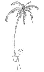 Vector cartoon stick figure drawing conceptual illustration of man holding big pot with high palm tree planted.