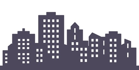Black silhouette of town, modern city, group of high buildings, vector icon, banner