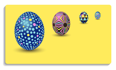 card with easter decorated easter eggs standing up in yellow blue shades