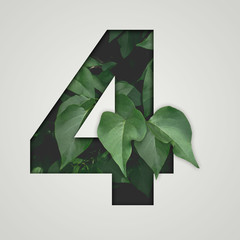Nature concept. Creative number with green leaves on a gray background. Creative typography,...