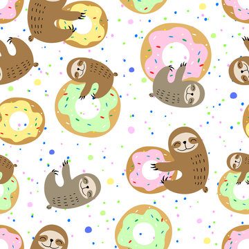 Seamless pattern. Cute sloth with sweet doughnuts. Sweet tooth. Vector.
