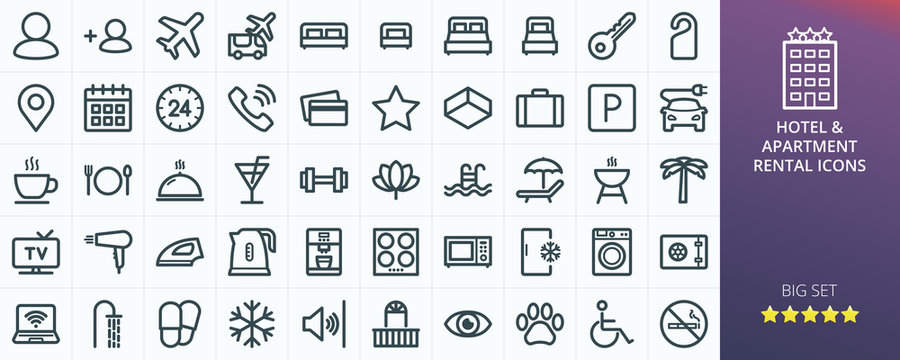 Hotel icons set for website. Set of apartment rental service - inn, hostel, inn, guest house, transfer, travel, rent apartments isolated vector icons