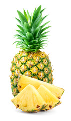 Fototapeta na wymiar Whole pineapple and pineapple slice. Pineapple with leaves isolate on white. Full depth of field.