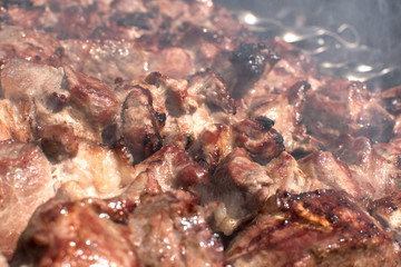 Grilled kebab cooking on metal skewer. Roasted meat cooked at barbecue. BBQ fresh meat chop slices. Traditional eastern dish, shish kebab. Grill on charcoal and flame, picnic, street food 