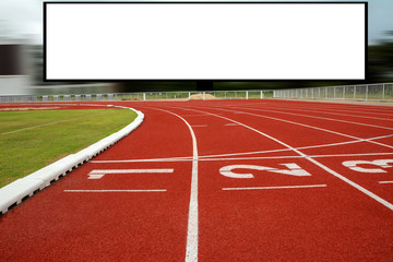 Running track with Empty white digital billboard screen for advertising in sport stadium