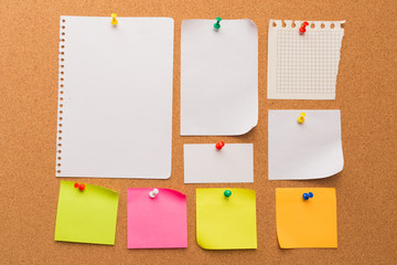Cork board with pinned colored blank notes - Image .