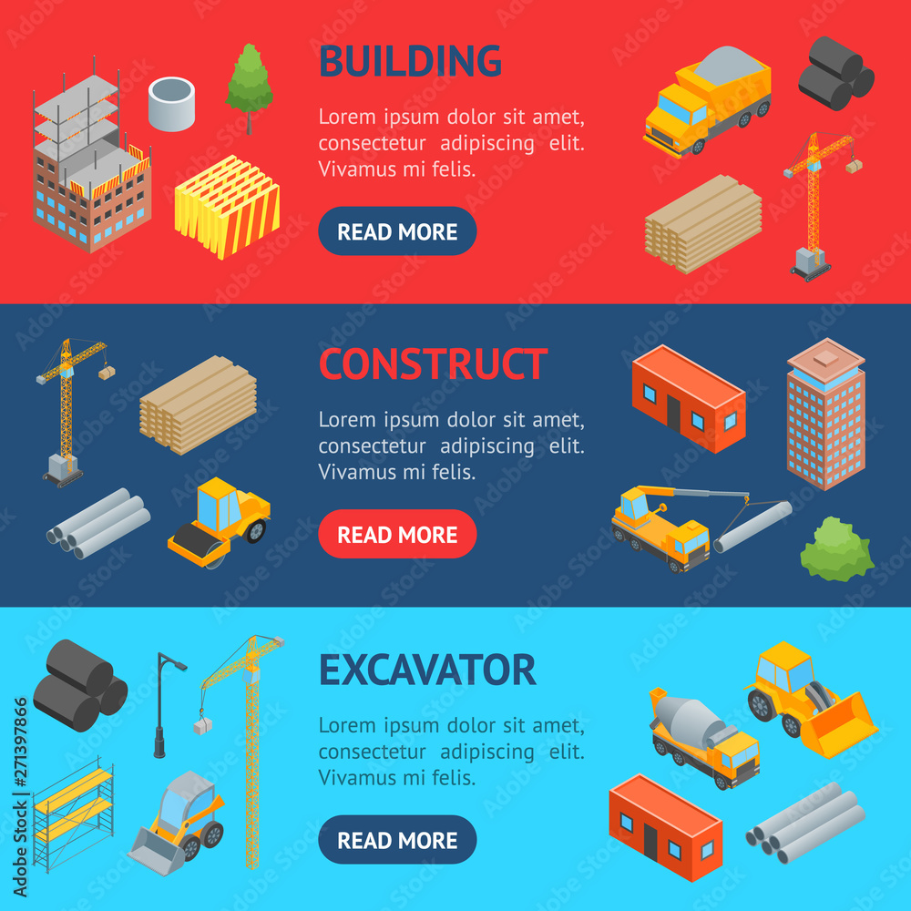 Aufkleber construction of multistory building concept banner horizontal set 3d isometric view. vector