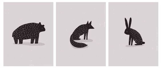 Selbstklebende Fototapeten Set of 3 Simple Abstract Vector Illustration with Hand Drawn Bear, Hare and Fox. Black Wild Animals Silhouette on a Beige Grunge Background. Scandinavian Style Vector Art for Card, Poster, Printing. © Magdalena