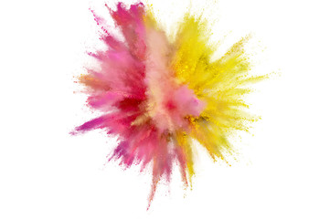 Colored powder explosion on a white background. Abstract closeup dust on backdrop. Colorful...