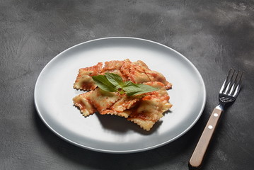 Ravioli with tomato sauce and basil, italian cuisine