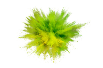 Colored powder explosion on a white background. Abstract closeup dust on backdrop. Colorful...